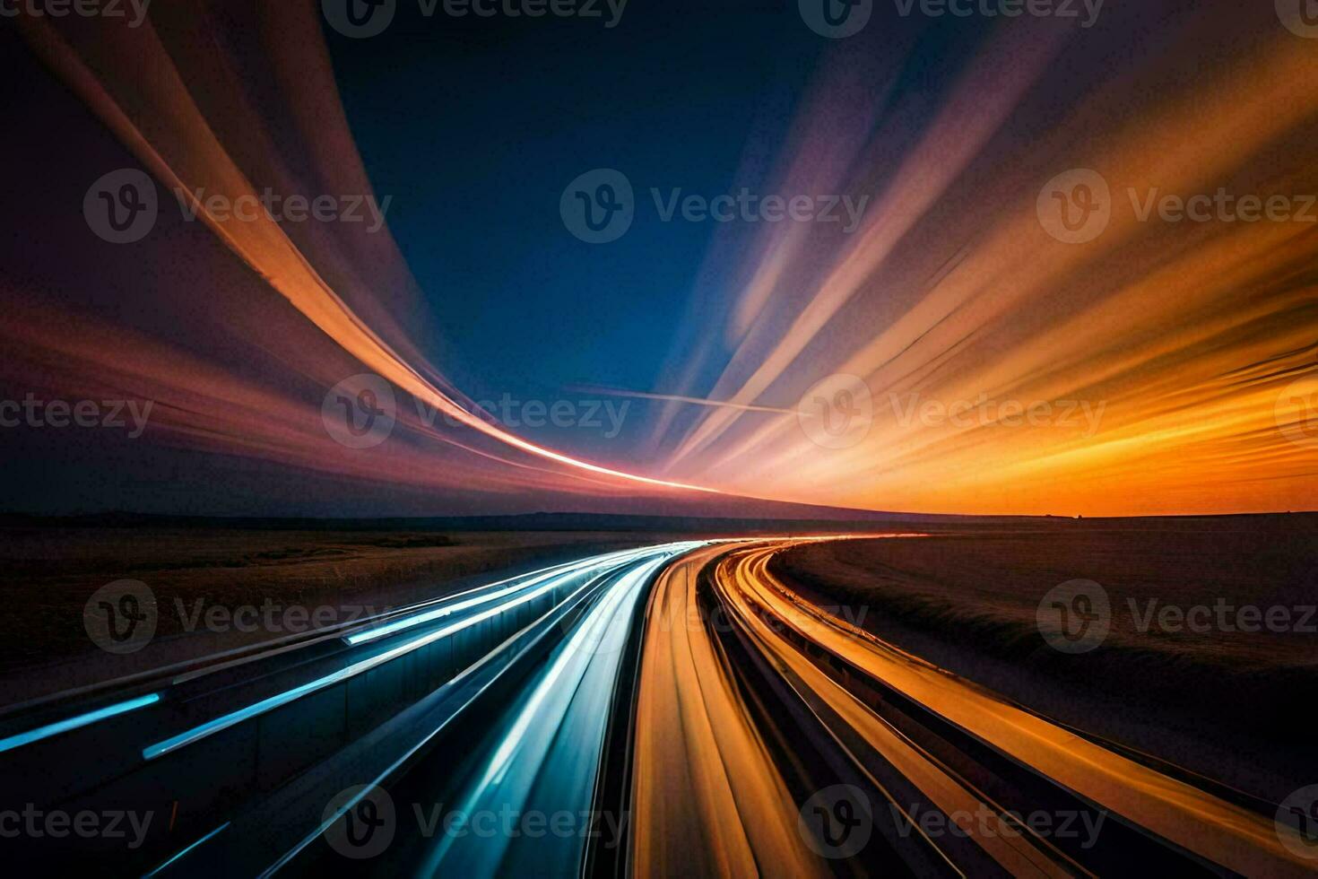 a long exposure photograph of a train traveling through the night. AI-Generated photo