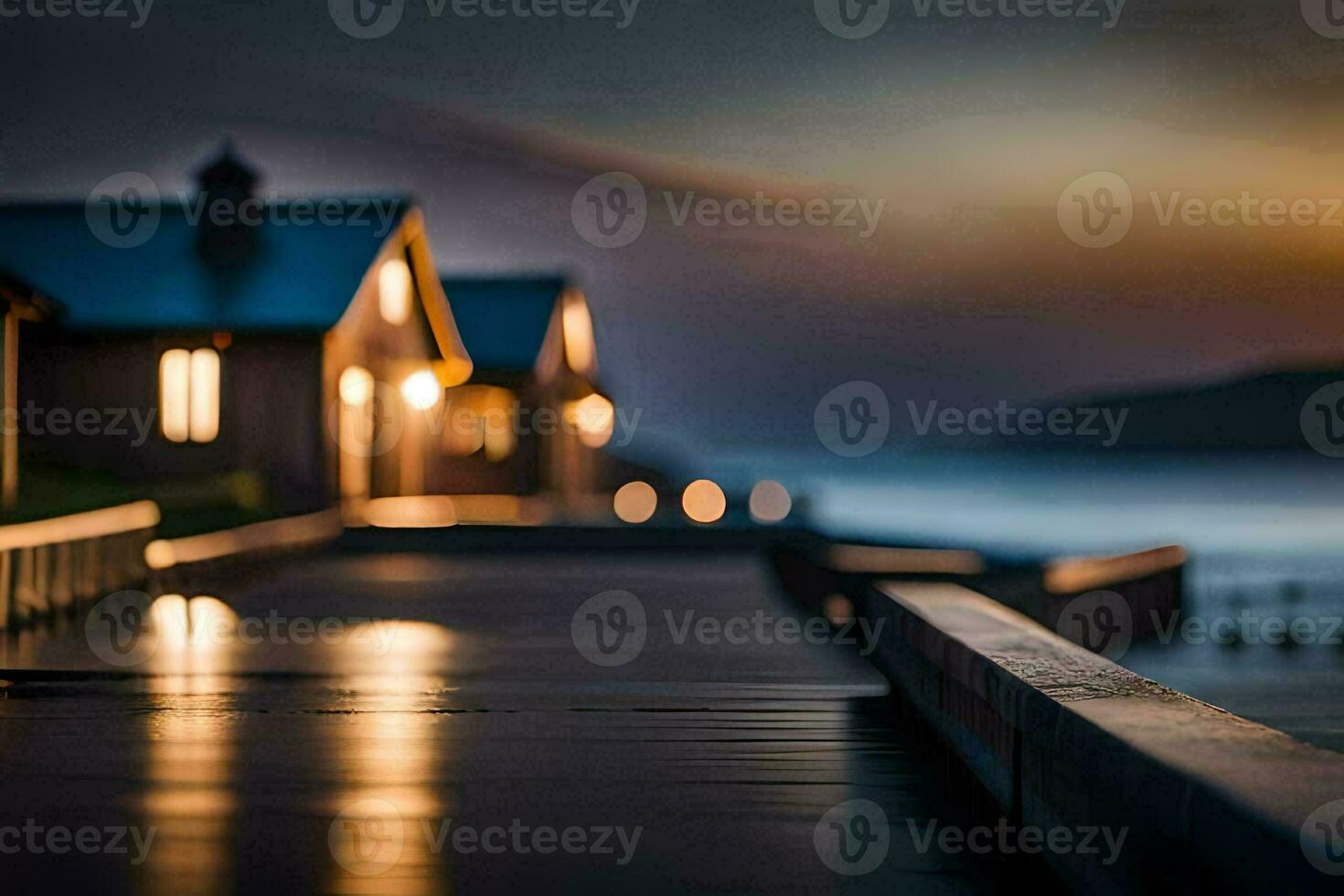 a long exposure photograph of a house on a pier at dusk. AI-Generated photo