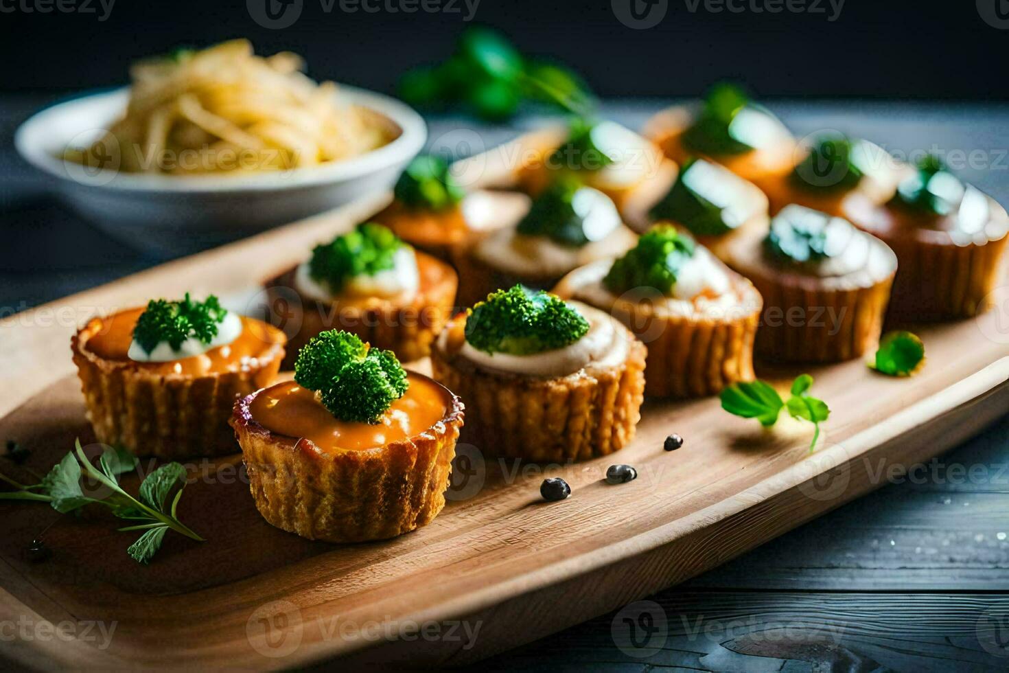 pequeño magdalenas con queso y brócoli en un de madera bandeja. generado por ai foto