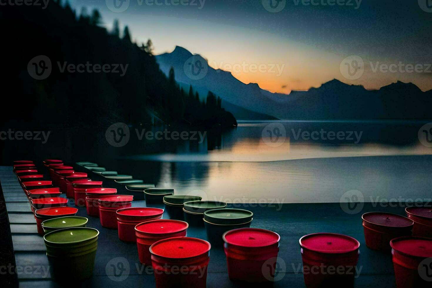colorful buckets sit on the dock at sunset. AI-Generated photo