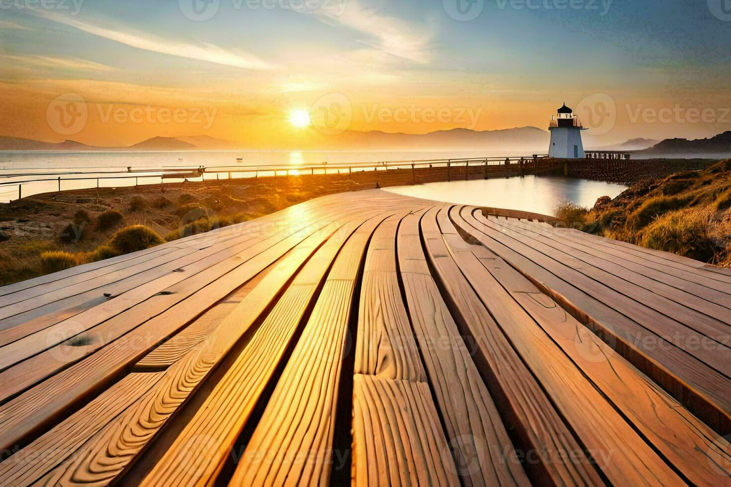 a wooden walkway leads to a lighthouse at sunset. AI-Generated photo