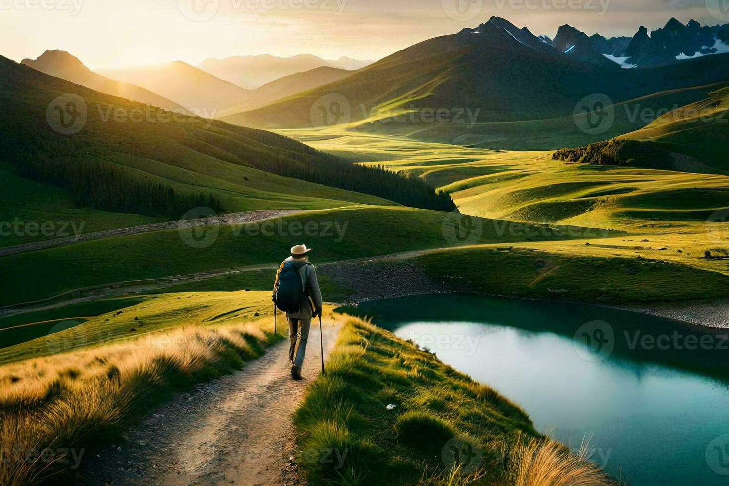 un hombre camina a lo largo un camino en el montañas. generado por ai foto