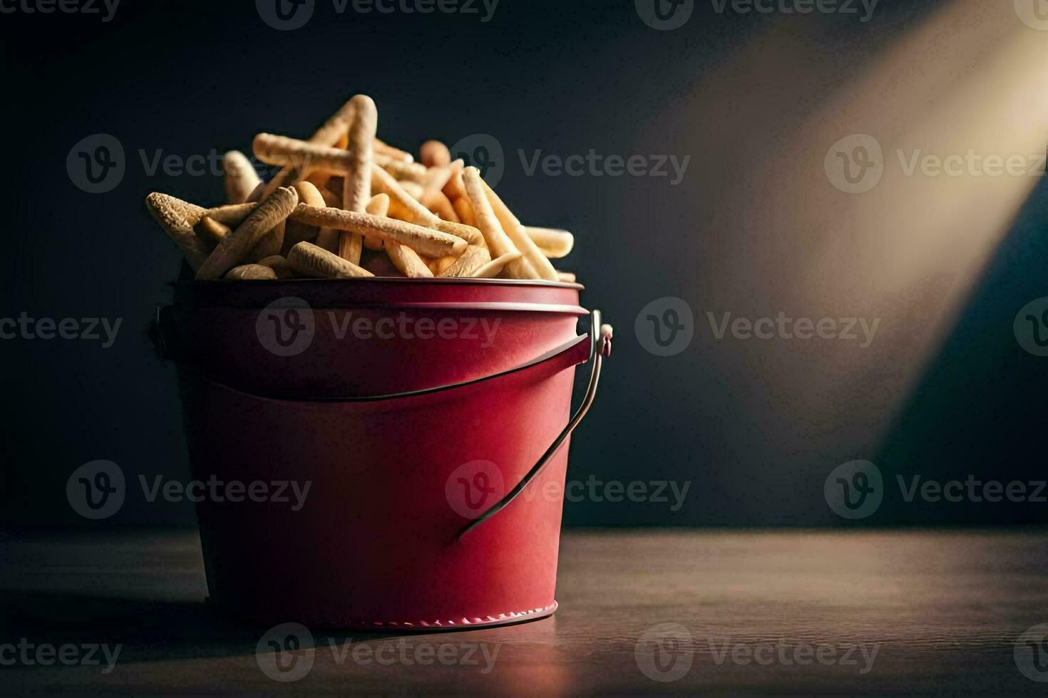 un Cubeta lleno con francés papas fritas en un mesa. generado por ai foto