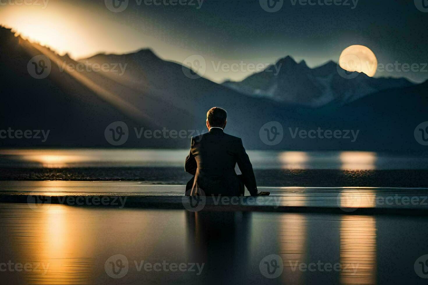 a man in a suit sits on the shore of a lake at sunset. AI-Generated photo