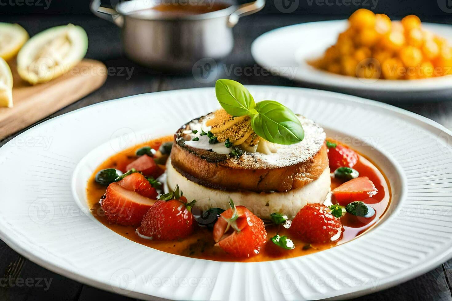 a plate with a dessert and strawberries on it. AI-Generated photo