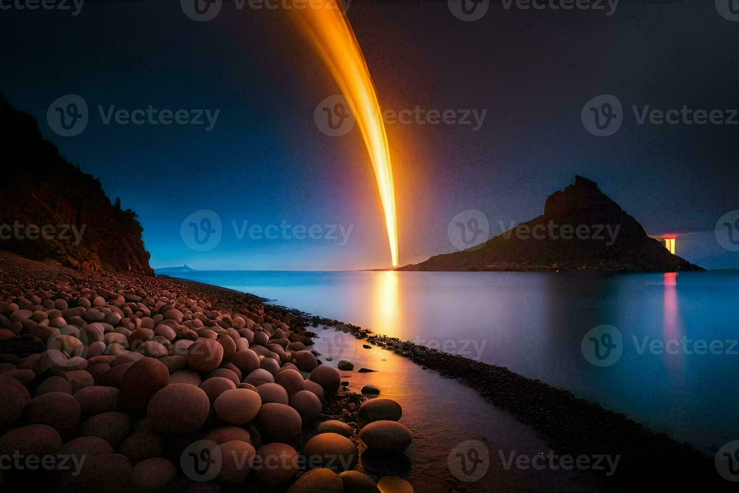 a rocket is lit up in the sky over a beach. AI-Generated photo