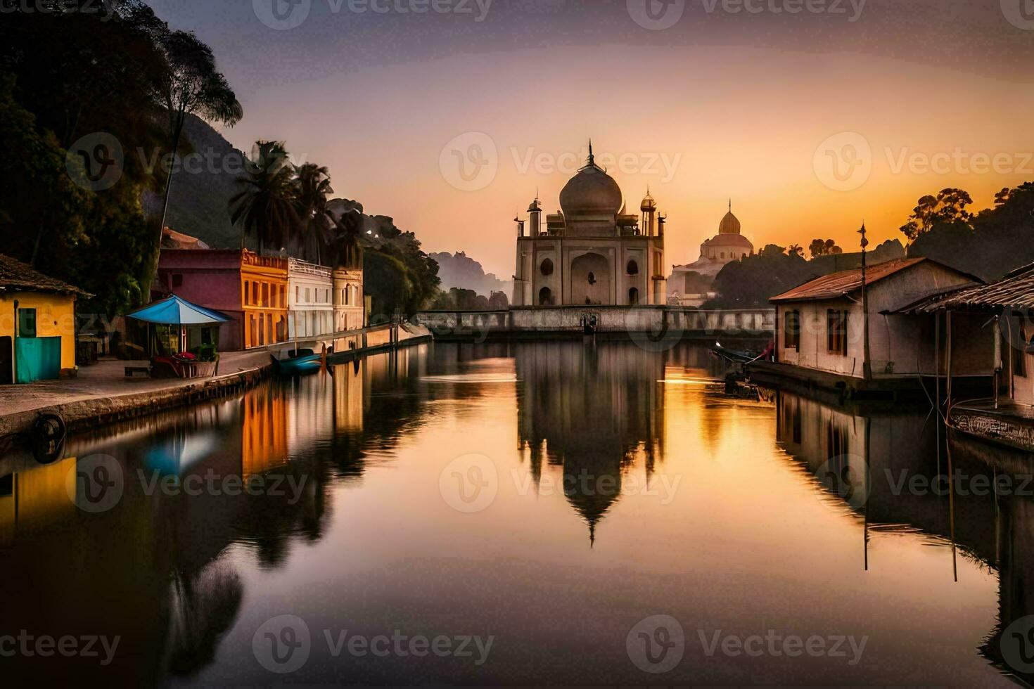 the sun sets over a canal in india. AI-Generated photo