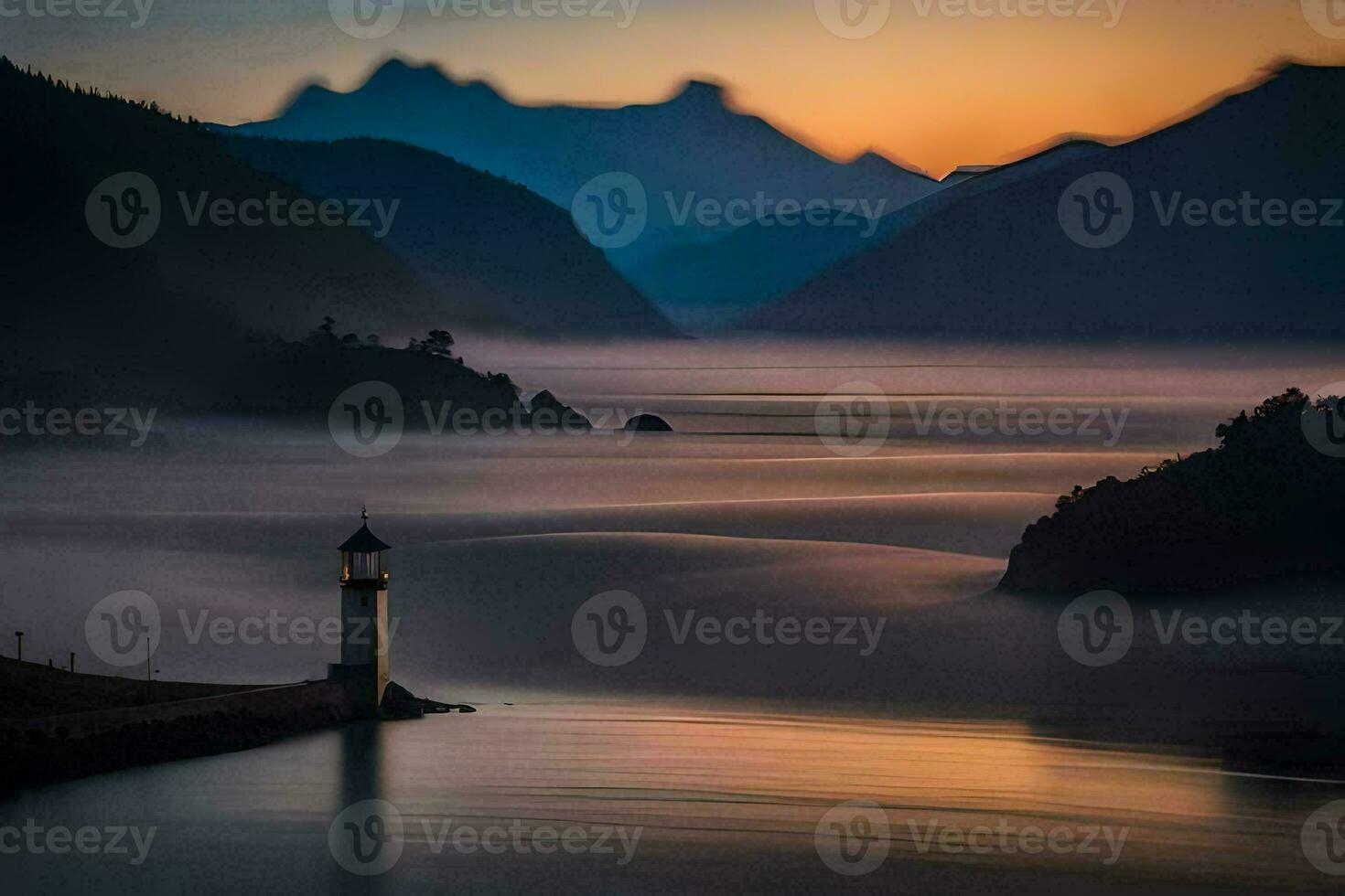 a lighthouse sits on the edge of a lake surrounded by mountains. AI-Generated photo