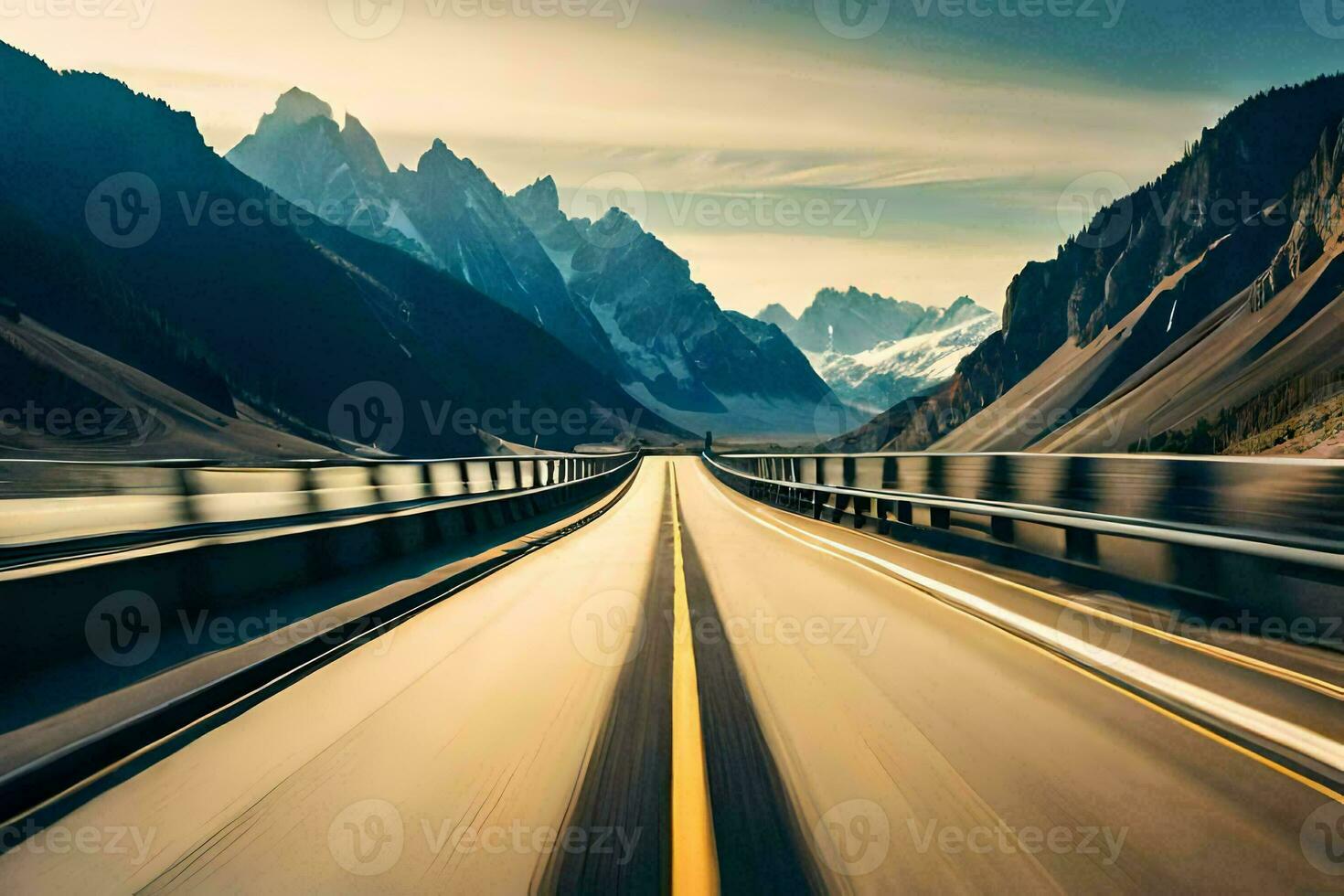 a car driving on a highway with mountains in the background. AI-Generated photo