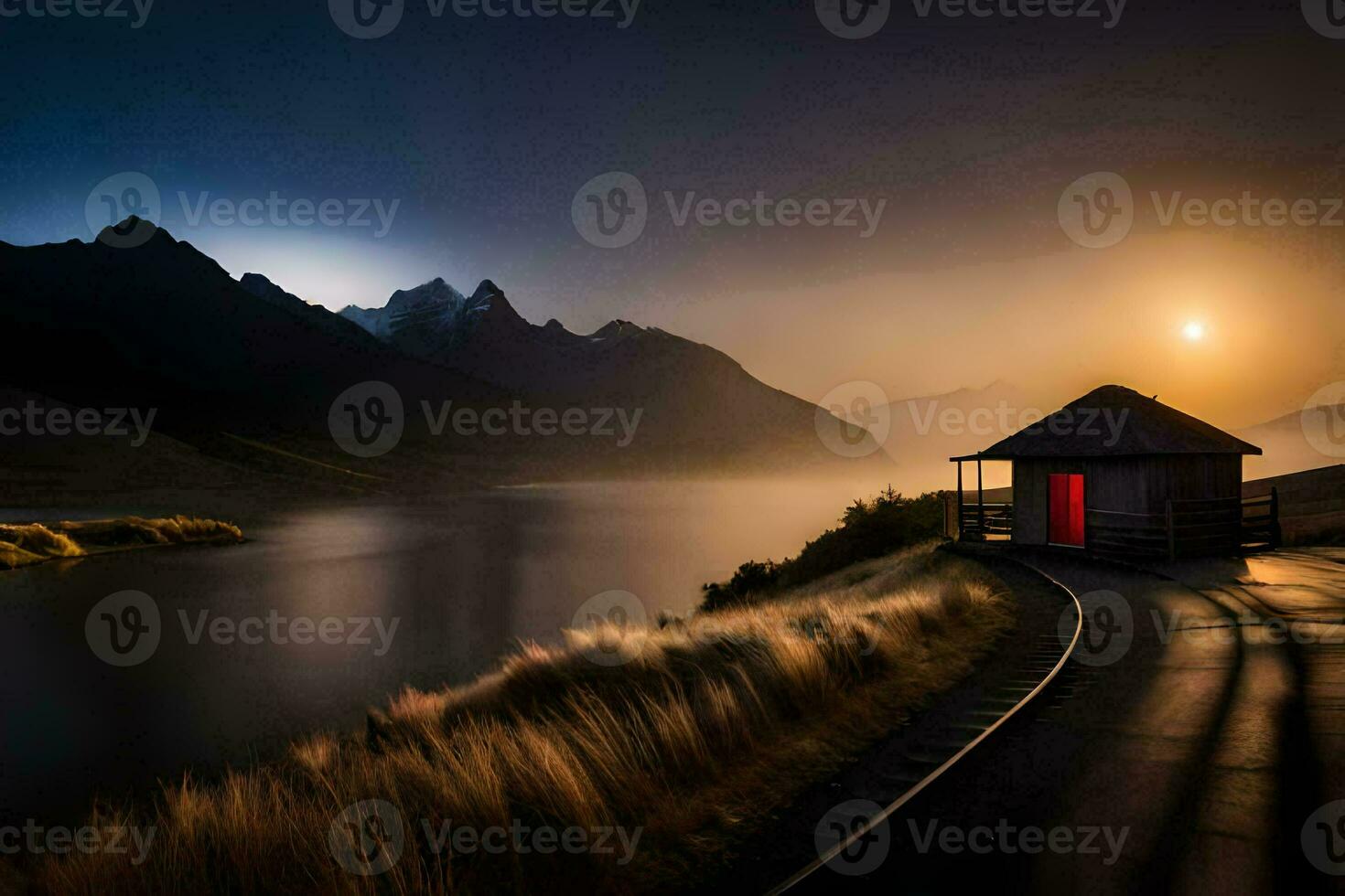 a red door is sitting on the side of a lake at night. AI-Generated photo