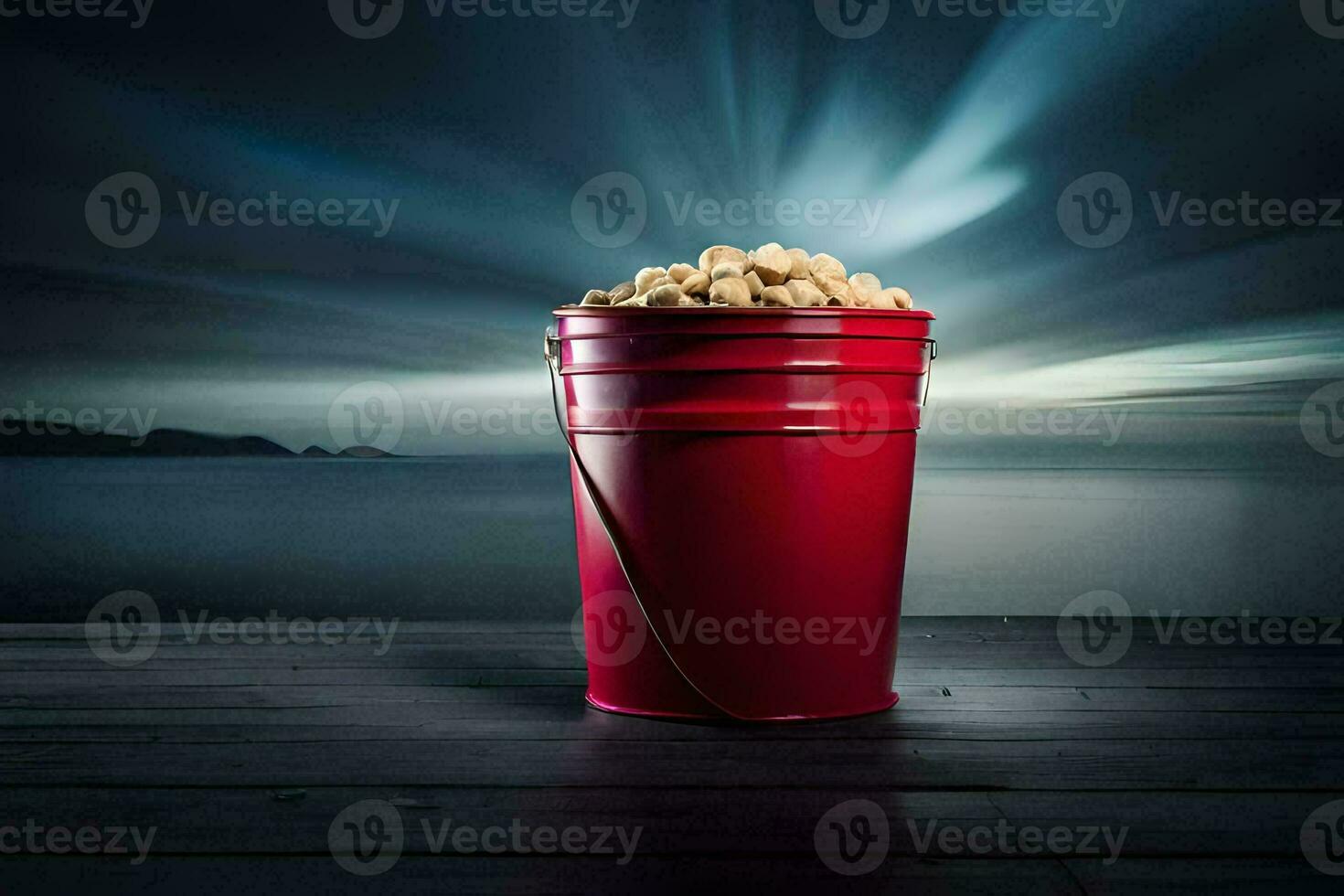 a red bucket filled with peanuts on a wooden table. AI-Generated photo