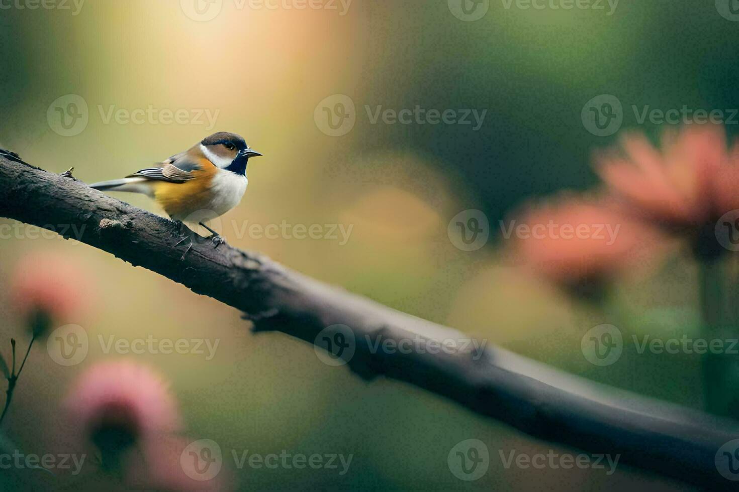 a small bird sits on a branch in front of flowers. AI-Generated photo