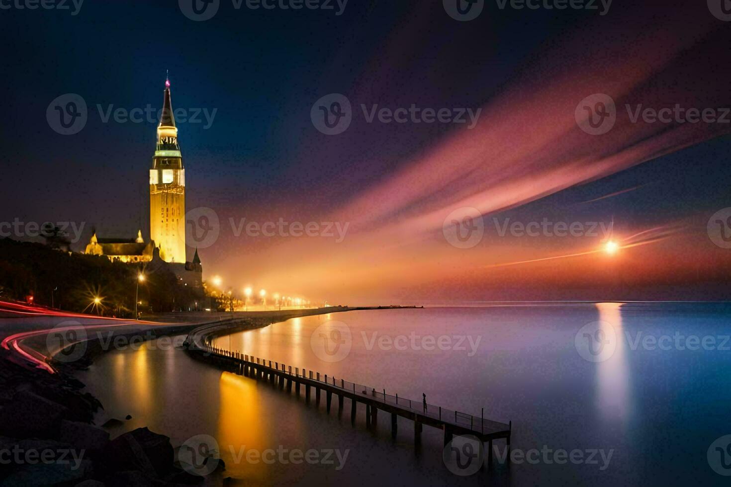 a long exposure photograph of a tower and a pier at night. AI-Generated photo