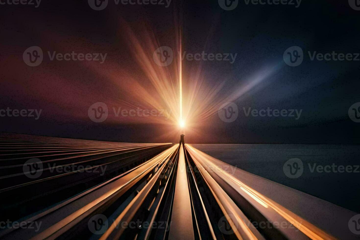 a train track with light shining through it. AI-Generated photo