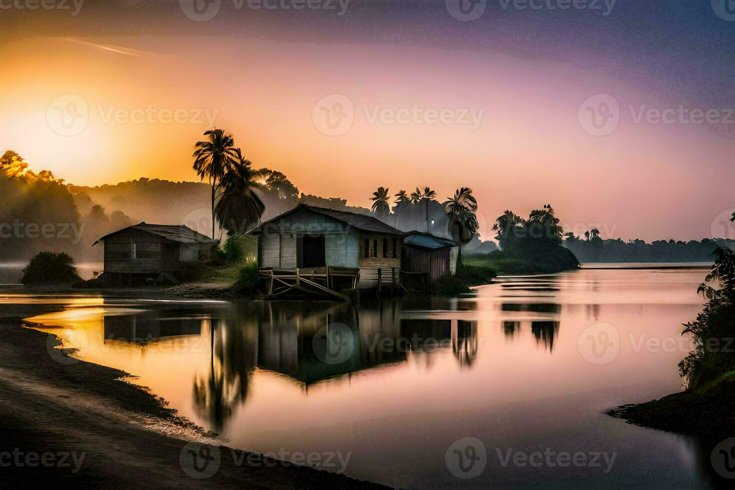 a house on the shore of a lake at sunset. AI-Generated photo