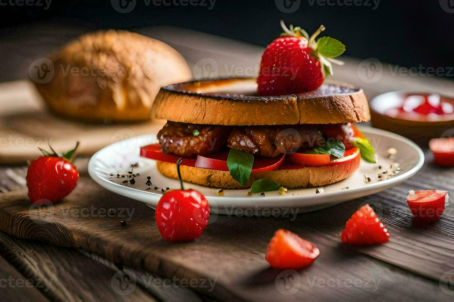 un emparedado con fresas y Tomates en un de madera mesa. generado por ai foto