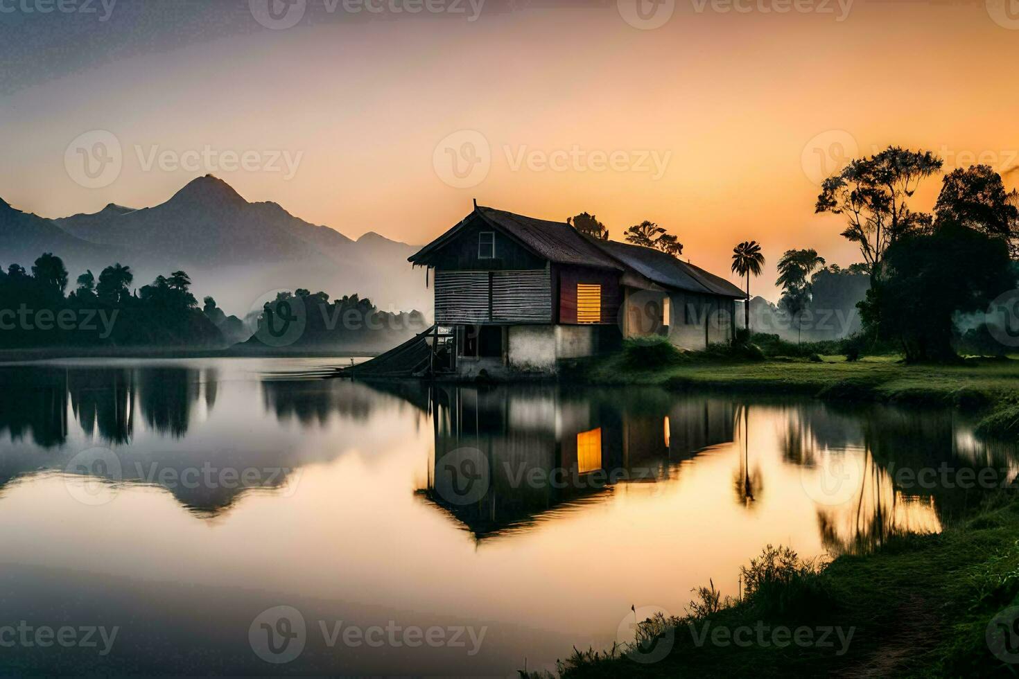a house sits on the shore of a lake at sunset. AI-Generated photo