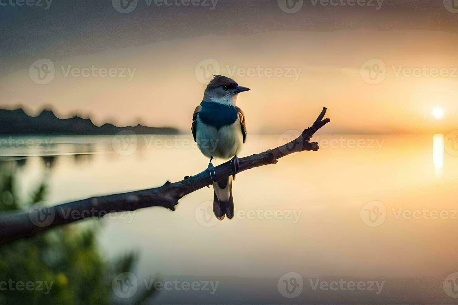 a bird sits on a branch in front of the sun. AI-Generated photo