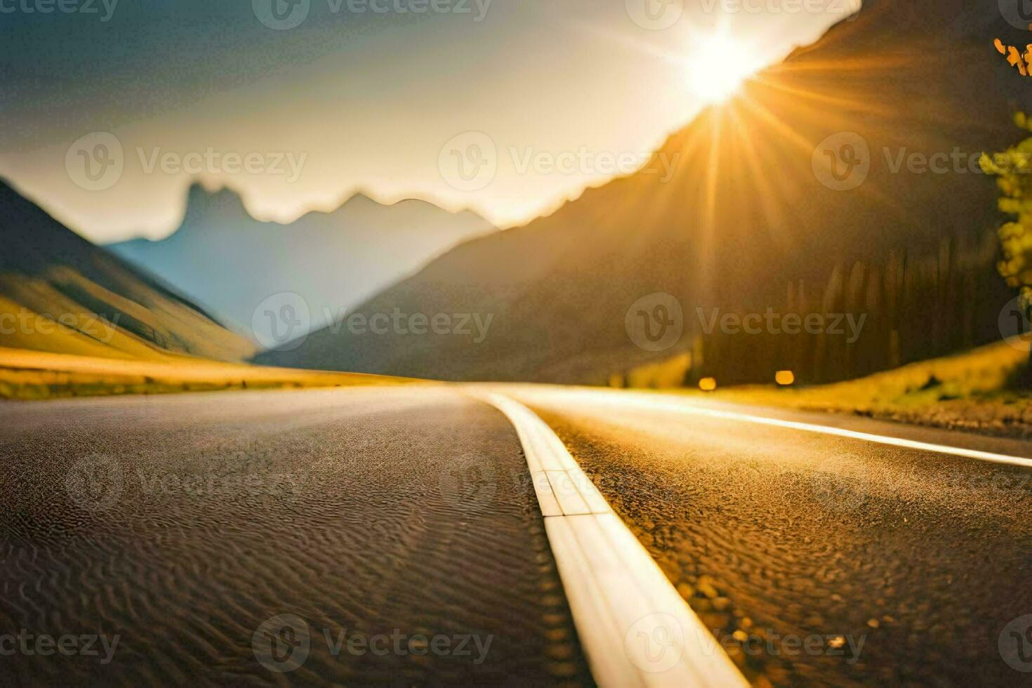 a road with the sun shining over it. AI-Generated photo