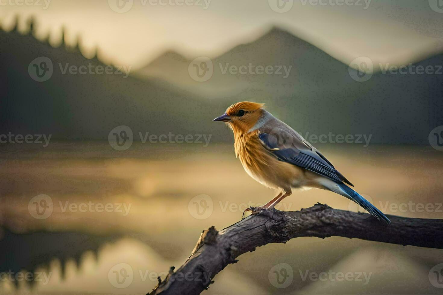 a bird sits on a branch near a lake. AI-Generated photo
