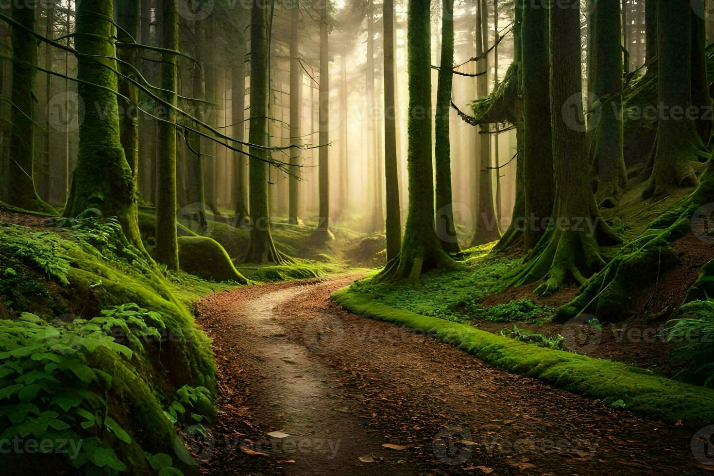 a path through a green forest with trees and sun. AI-Generated photo