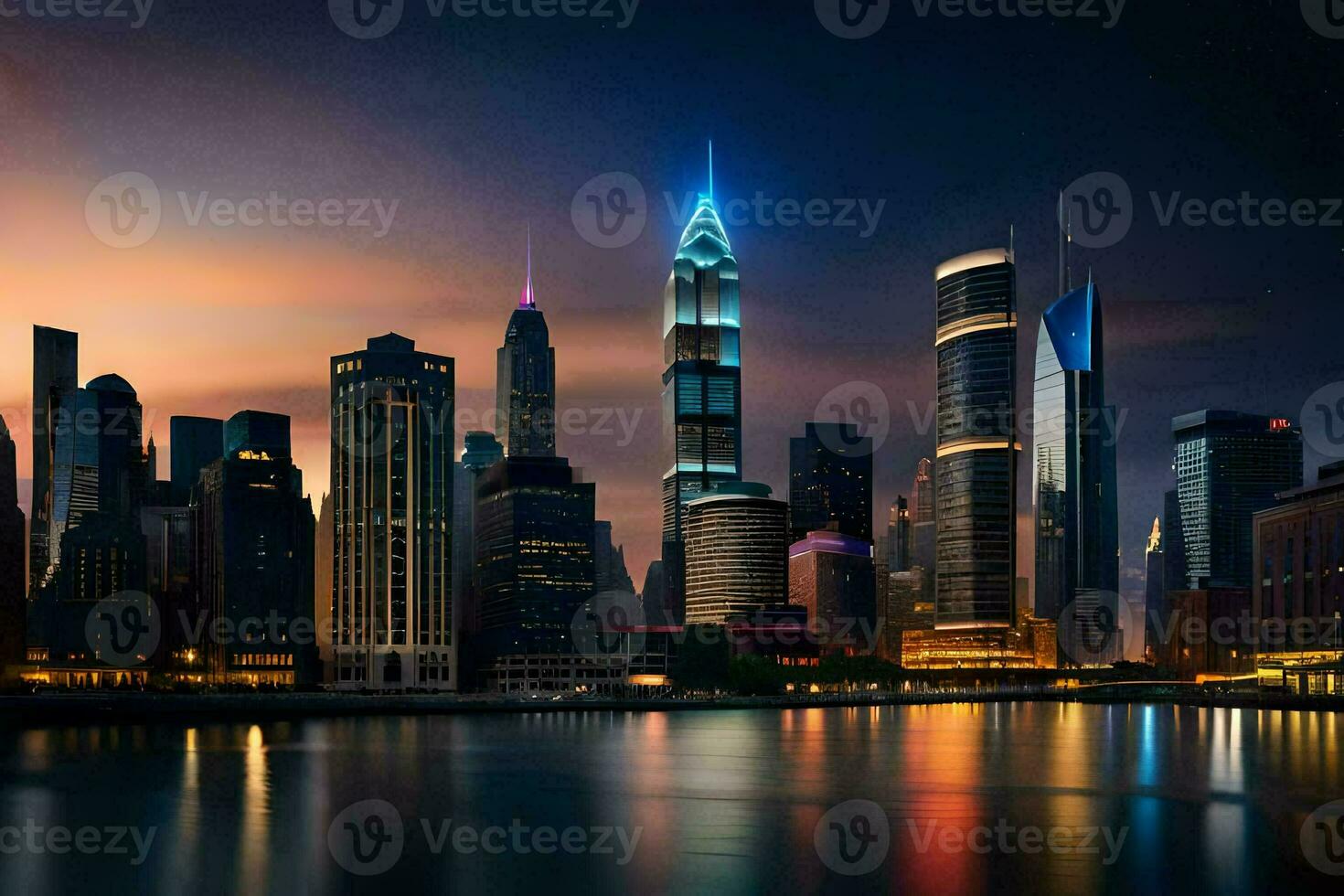 the city skyline at night with lights reflecting off the water. AI-Generated photo