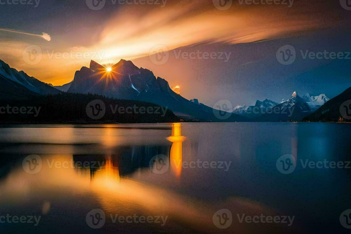 the sun sets over a mountain range and lake. AI-Generated photo