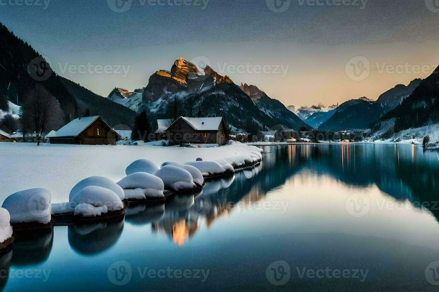 a lake in the mountains with snow covered rocks. AI-Generated photo