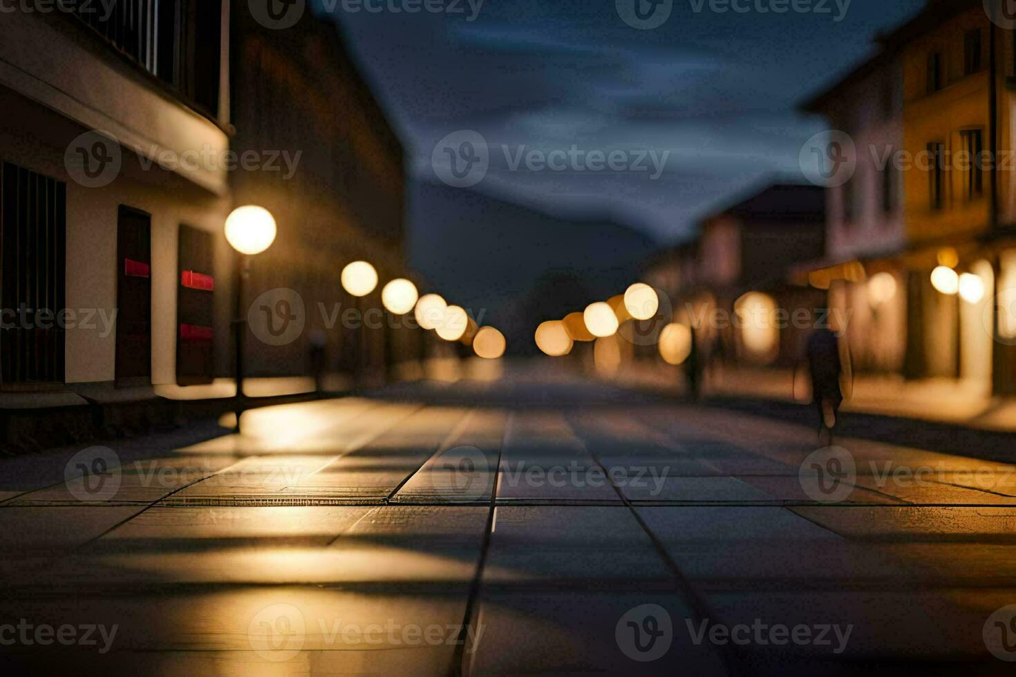 a street at night with lights on the street. AI-Generated photo