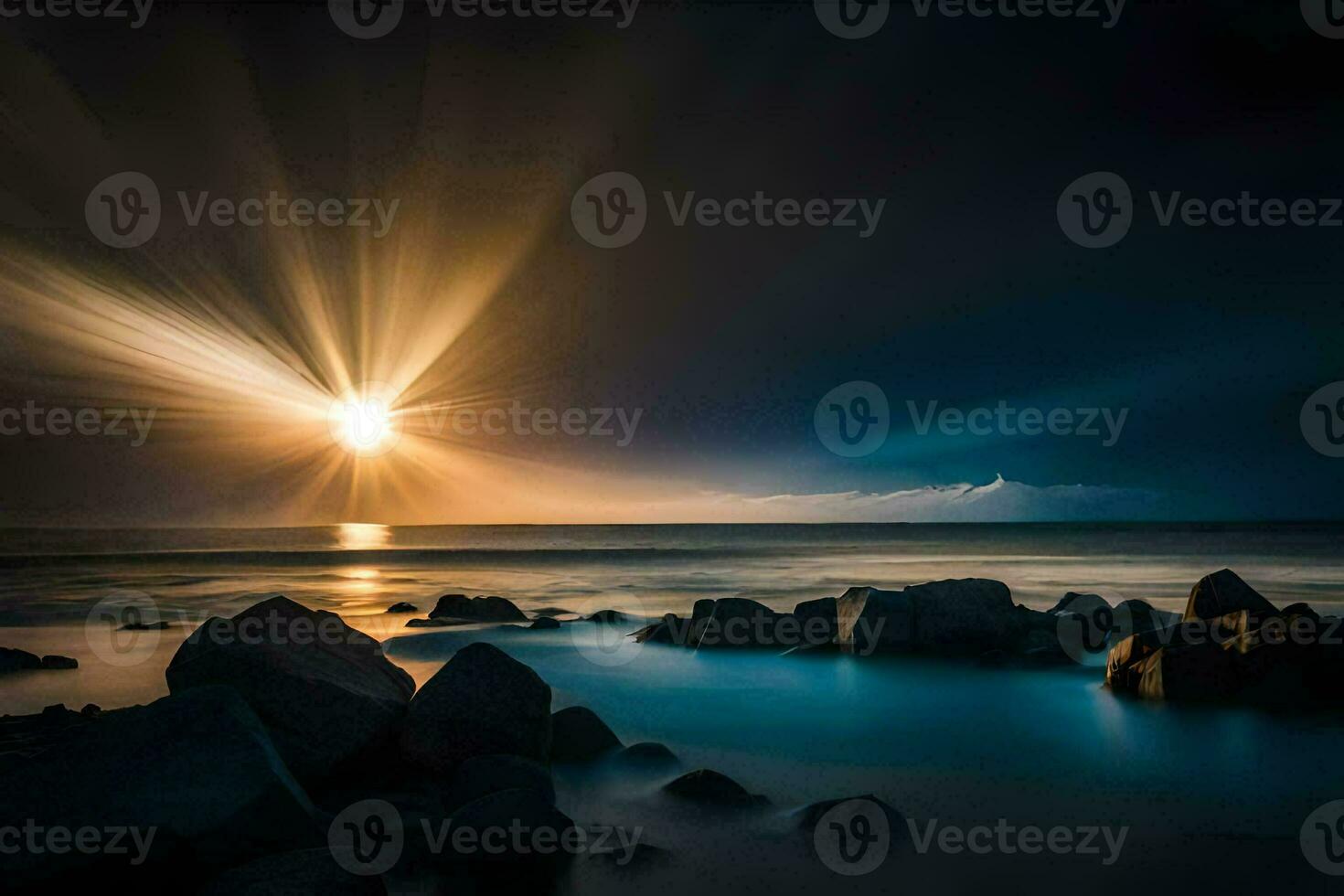 the sun shines over the ocean and rocks. AI-Generated photo