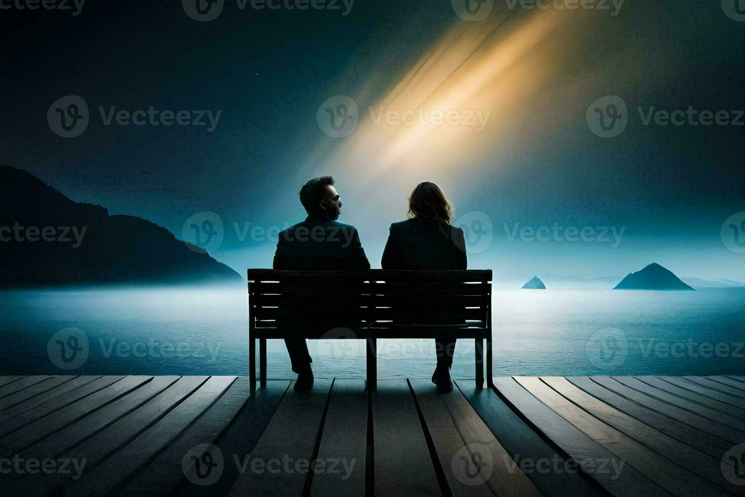a couple sitting on a bench looking at the ocean. AI-Generated photo