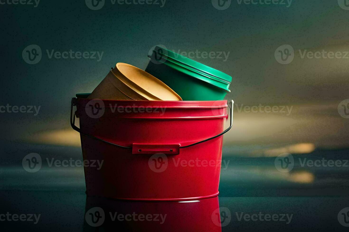 a red bucket with two green buckets on top. AI-Generated photo