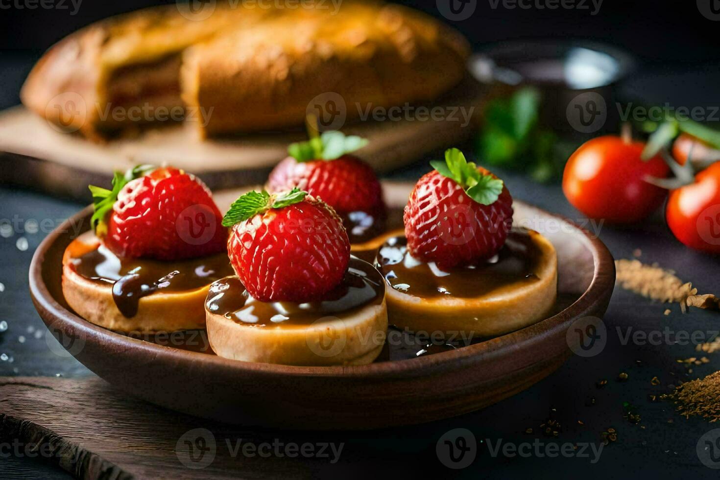 strawberries and chocolate sauce on a plate. AI-Generated photo