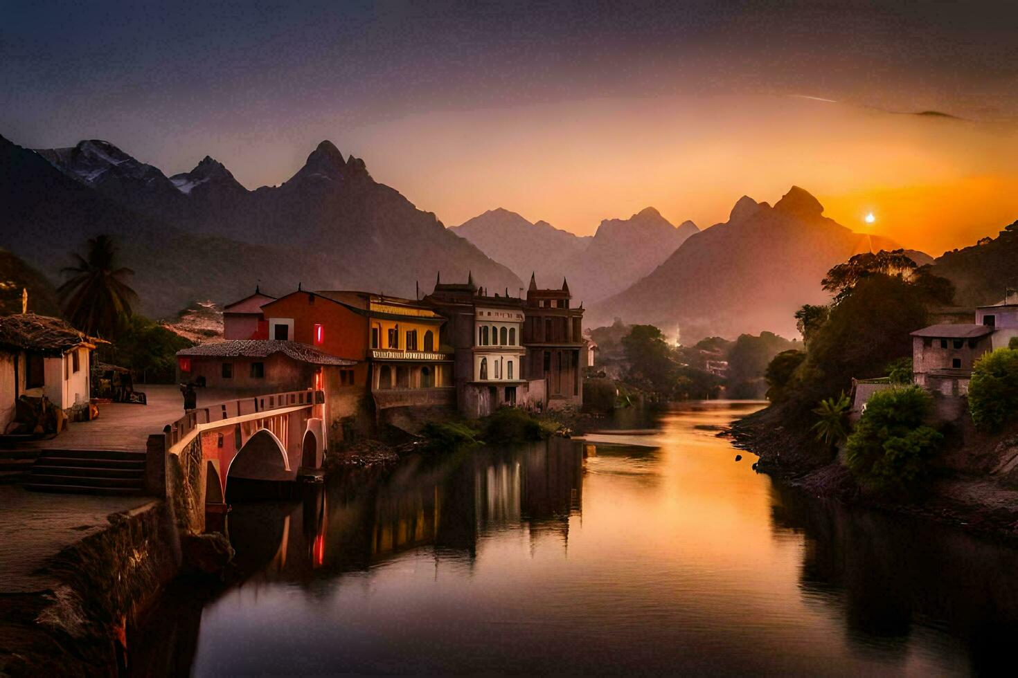 a river runs through a town at sunset. AI-Generated photo