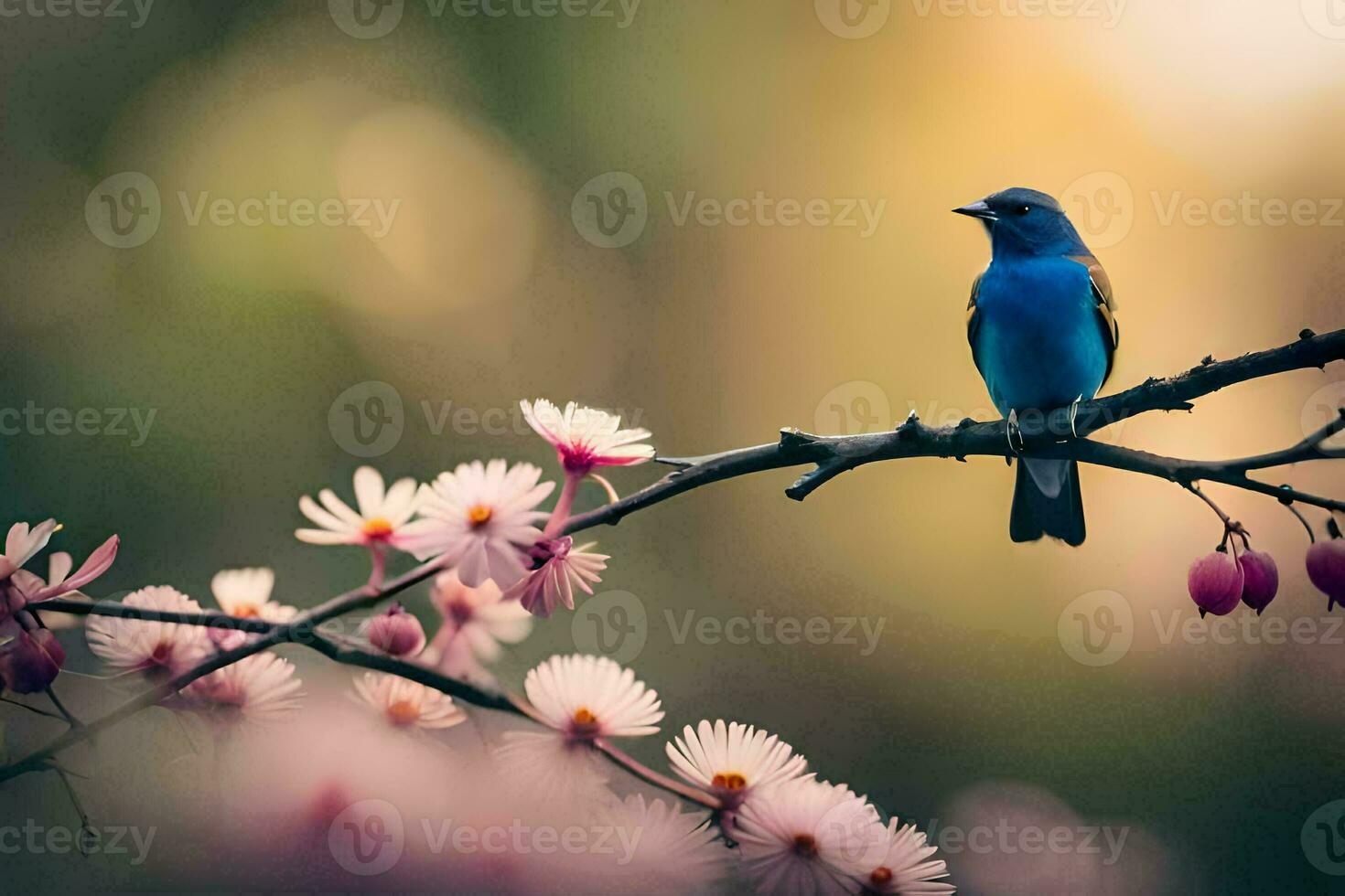 a blue bird sits on a branch with pink flowers. AI-Generated photo