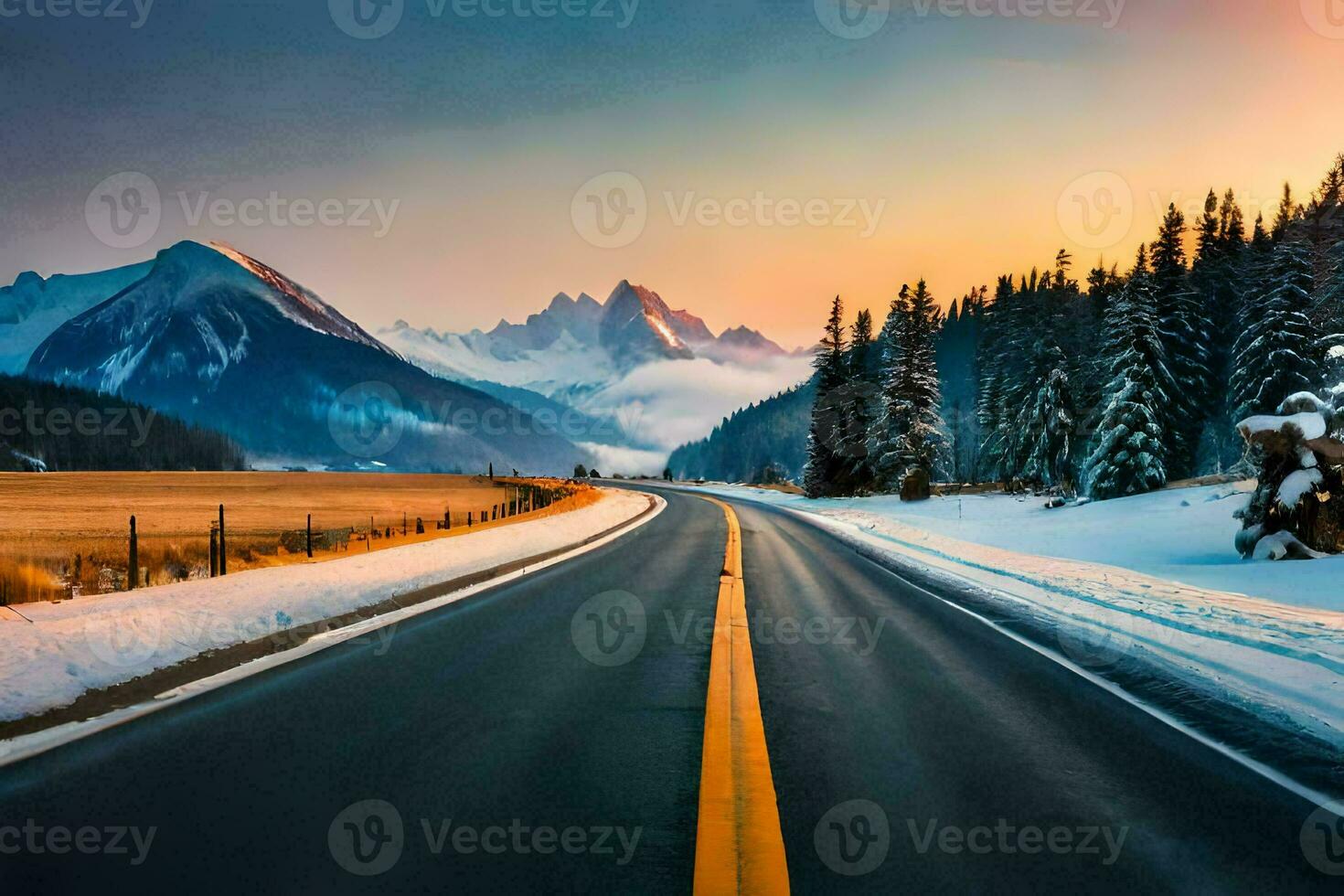 a road in the mountains with snow and trees. AI-Generated photo