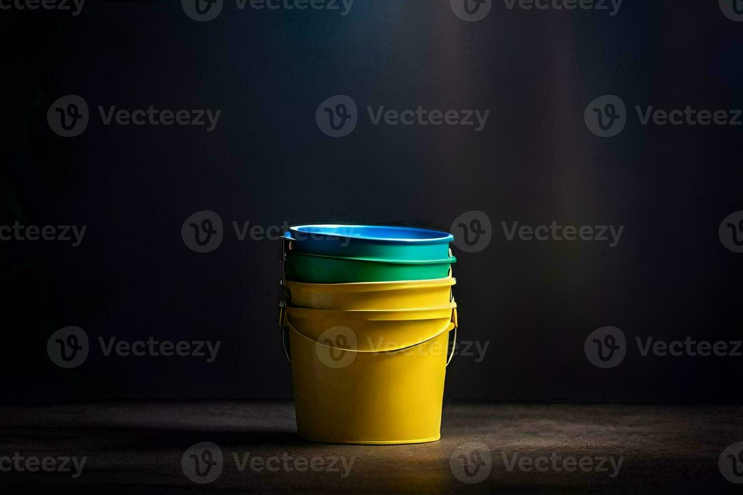 a stack of three colorful buckets on a dark background. AI-Generated photo