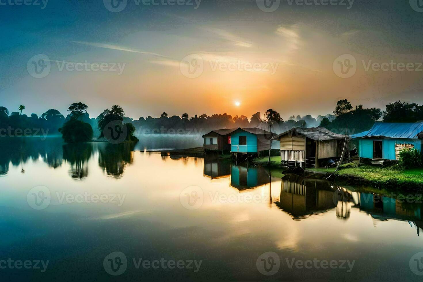 the sun rises over a lake and some small houses. AI-Generated photo