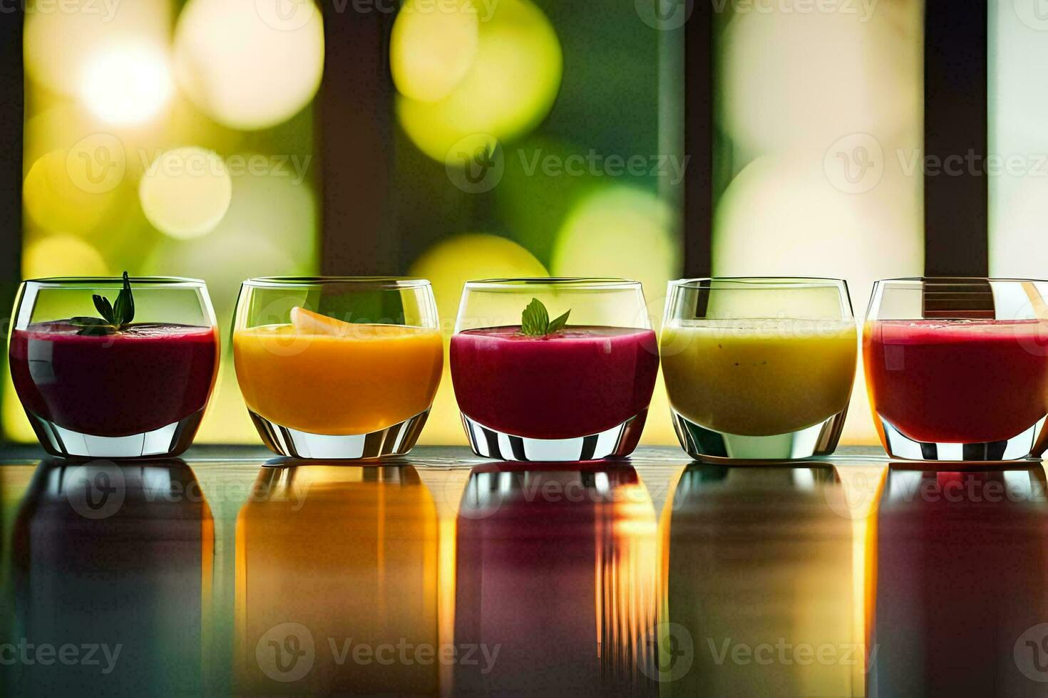 cinco lentes de diferente de colores jugos en un mesa. generado por ai foto