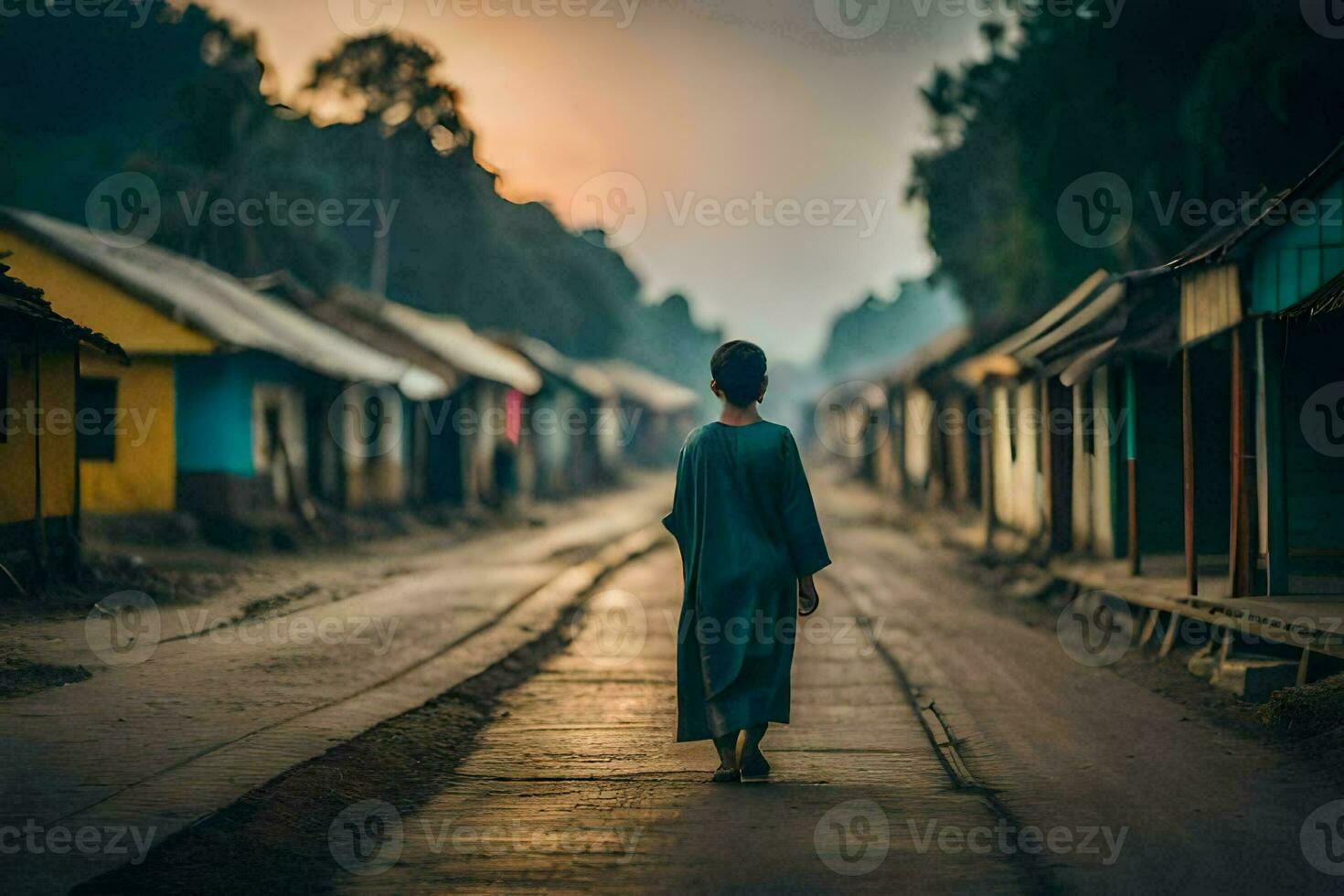 a man walks down a street in a village at sunset. AI-Generated photo