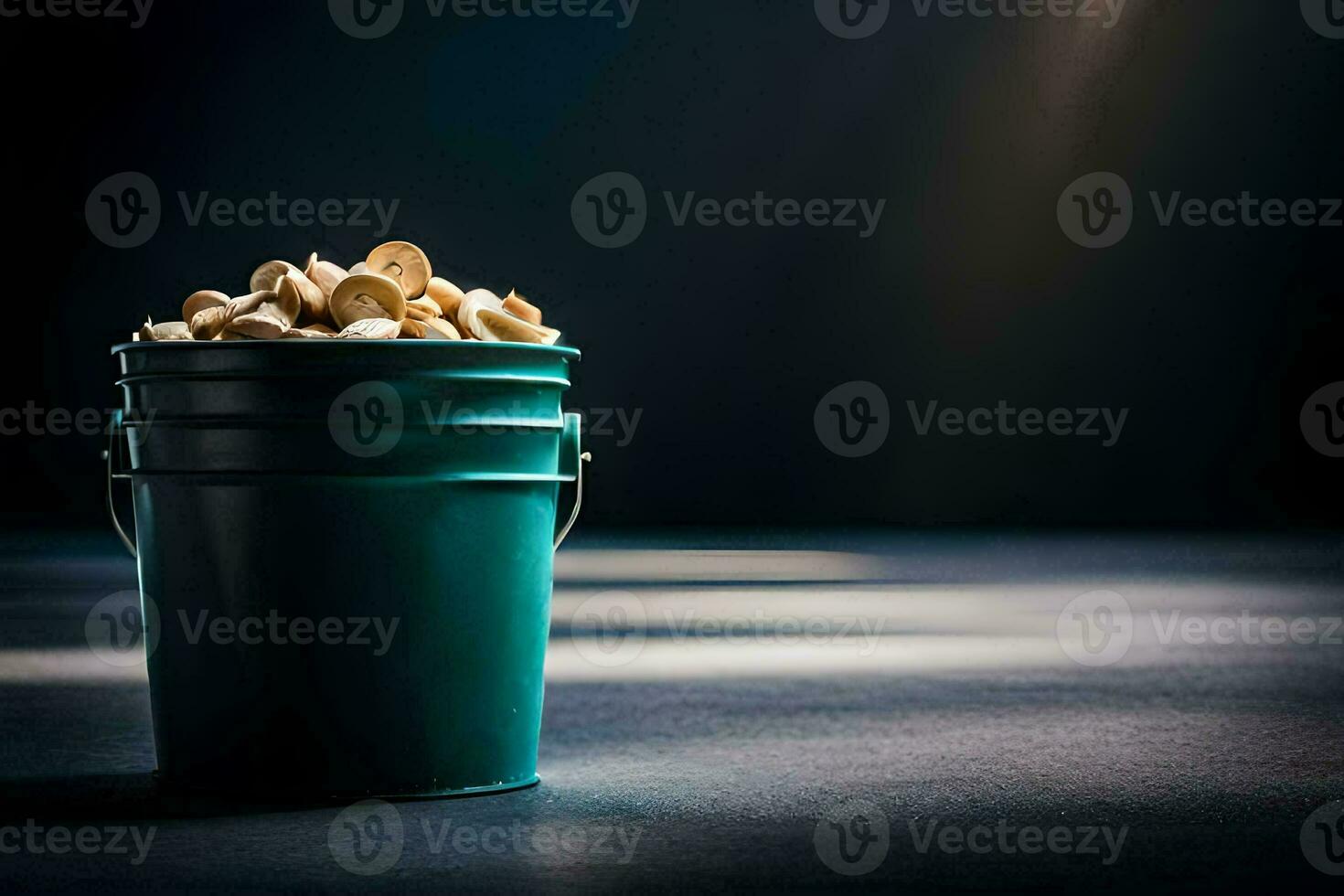 a bucket filled with peanuts on a dark surface. AI-Generated photo