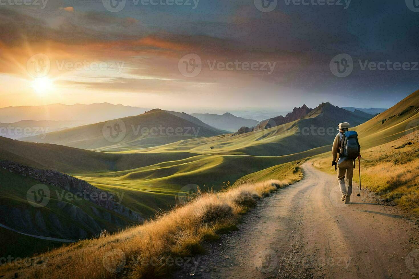 a man walking down a dirt road in the mountains. AI-Generated photo
