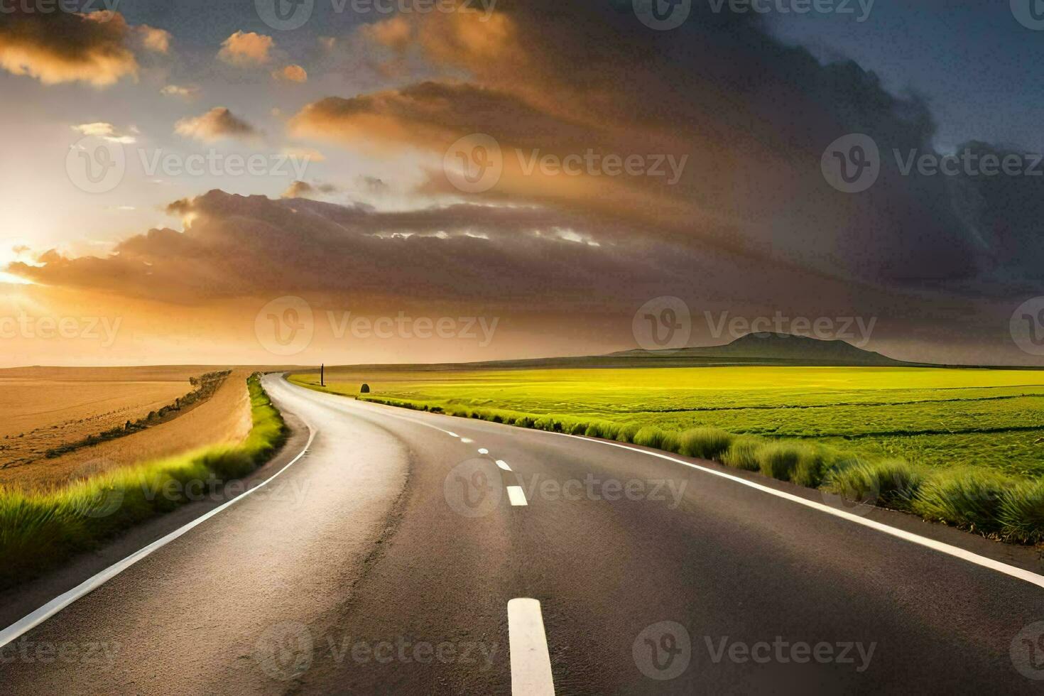 a long empty road with a sunset in the background. AI-Generated photo
