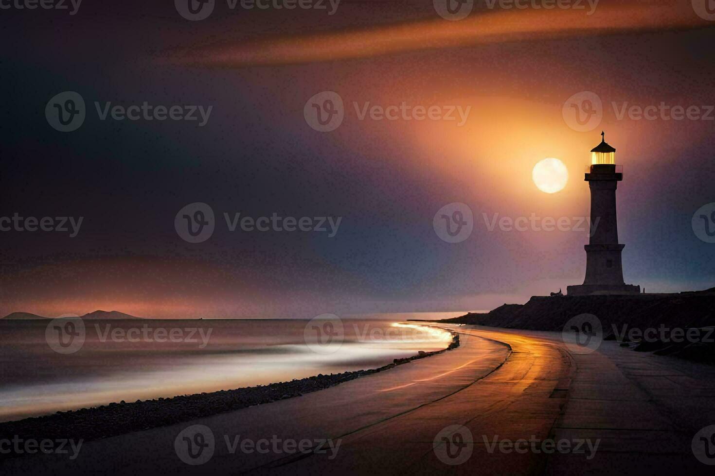 a lighthouse stands on the beach at night with a full moon. AI-Generated photo