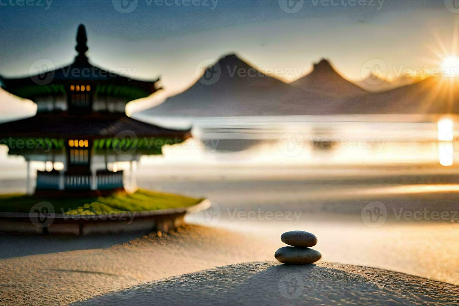 the sun rises over the mountains and a pagoda in the background. AI-Generated photo