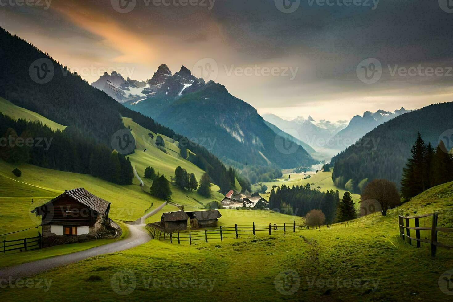 a beautiful mountain landscape with a road leading to a small house. AI-Generated photo
