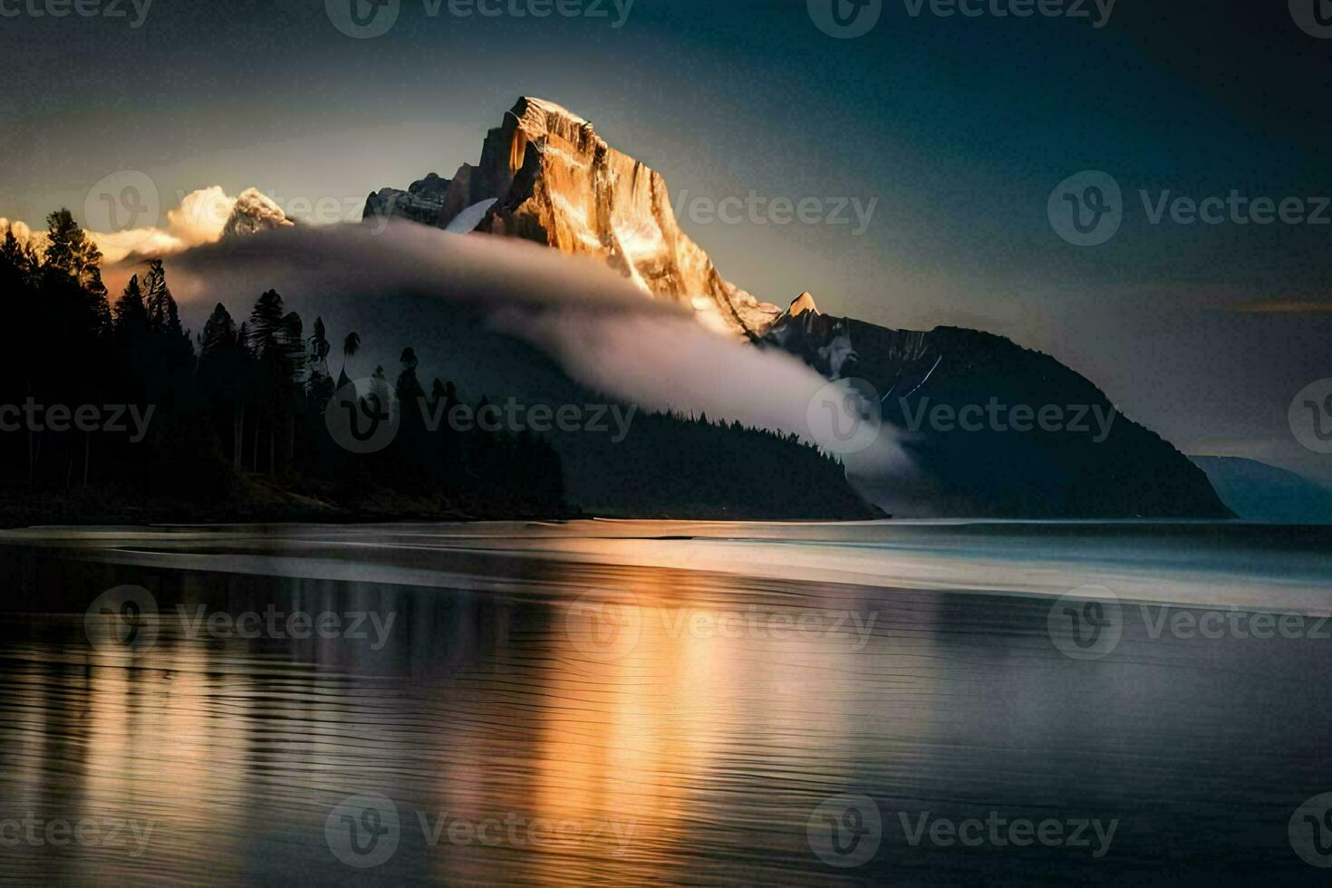 a mountain is reflected in the water at sunset. AI-Generated photo