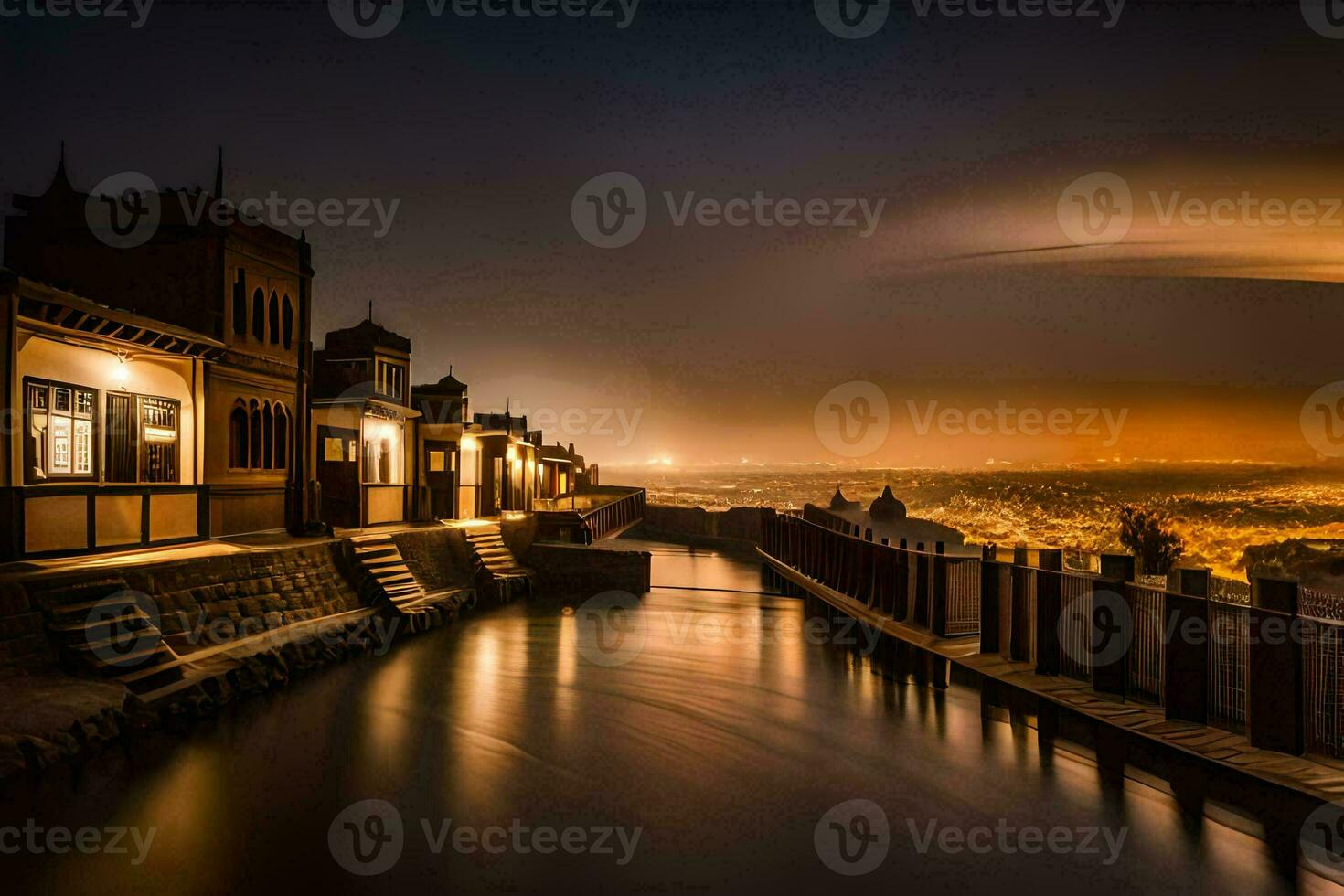 a view of the city at night from a bridge. AI-Generated photo