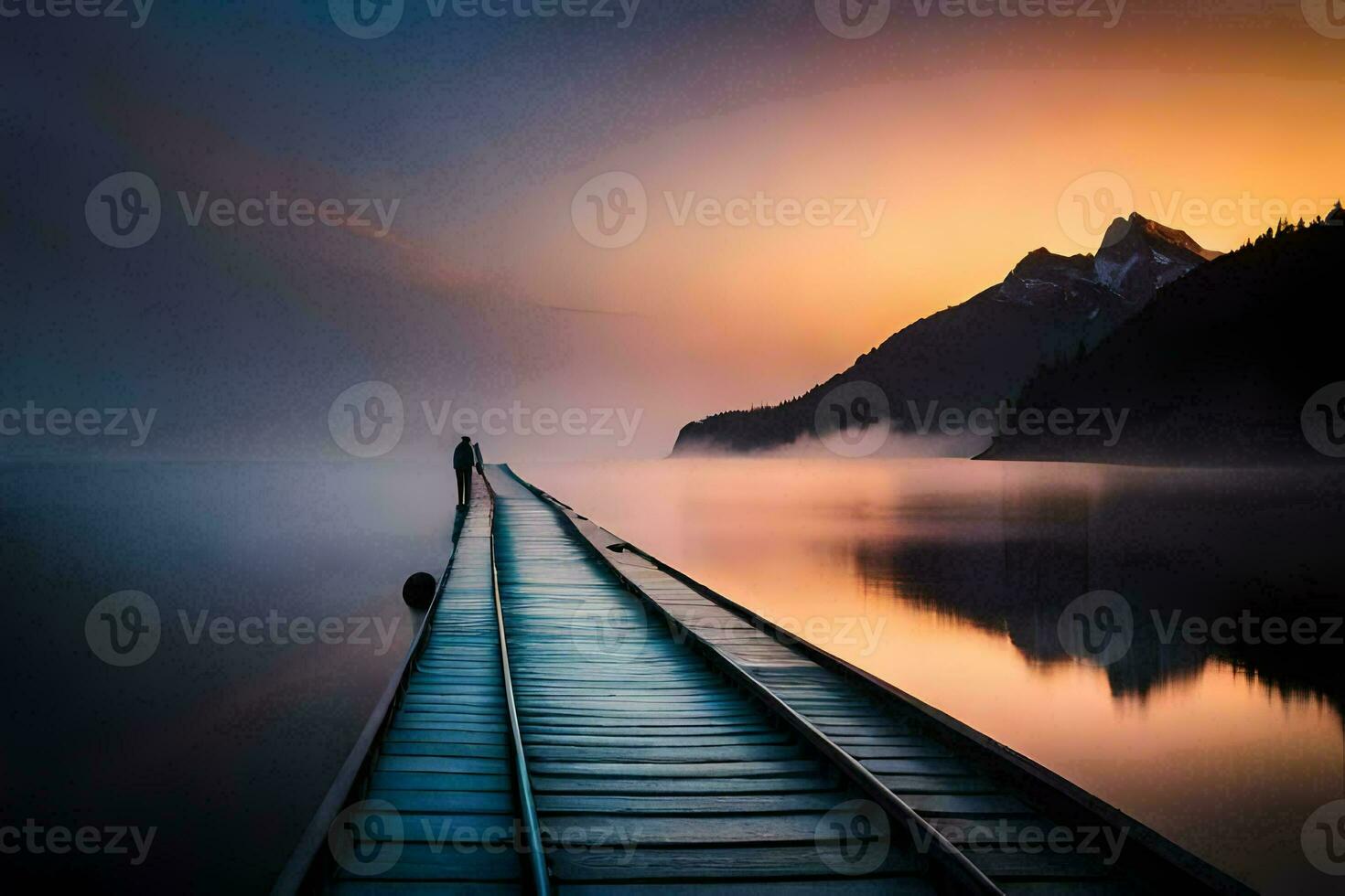 un hombre soportes en un muelle a puesta de sol. generado por ai foto