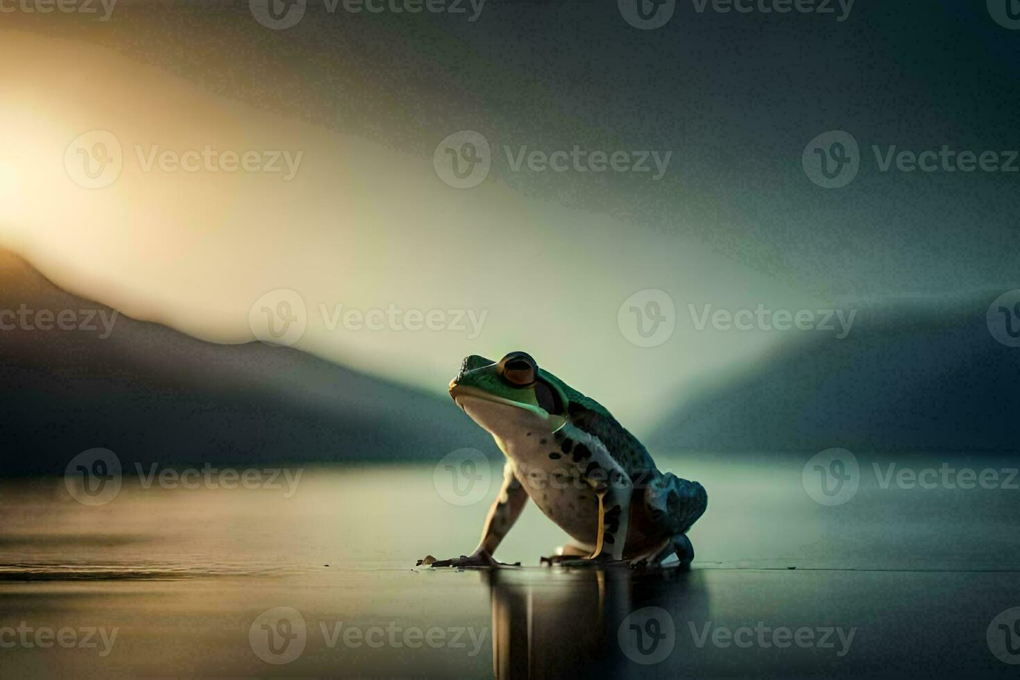 a frog sitting on the edge of a lake at sunset. AI-Generated photo